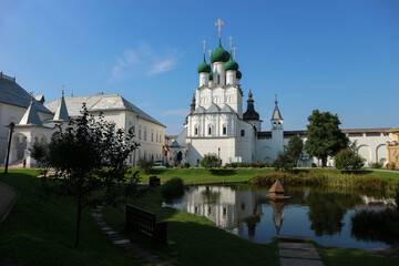 Beautiful summer view of the courtyard of famous russian landmark Rostov kremlin