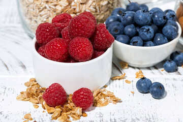 fresh raspberries, blueberries and breakfast products, closeup