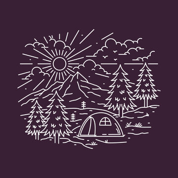 Camping nature adventure wild line badge patch pin graphic illustration vector art t-shirt design