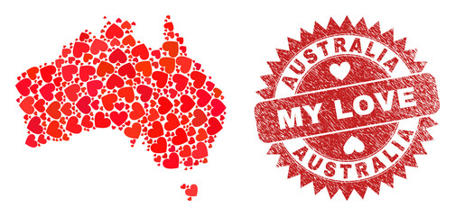 Vector mosaic Australia map of lovely heart elements and grunge My Love seal stamp. Mosaic geographic Australia map constructed with valentine hearts.