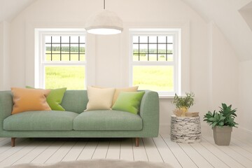 Fototapeta premium White living room with sofa and summer landscape in window. Scandinavian interior design. 3D illustration