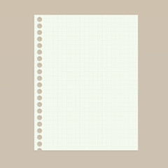 Sheet of paper in a cage with round holes from the springs. Clean vertical notebook sheet. Vector realistic Mockup. EPS10.