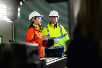 engineer cooperation Two asian maintenance engineers men and women inspect relay protection system...