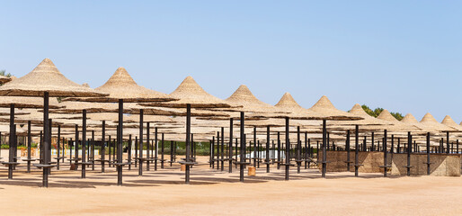 An empty beach in Egypt during the COVID 19 pandemic. The Red Sea coast, a recreation area without people.