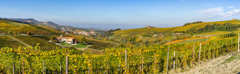 Wide panoramic view of Langhe vineyards near Barolo, UNESCO World Heritage Site, Piedmont region, Italy