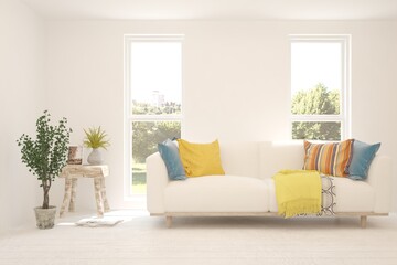 White living room with sofa and summer landscape in window. Scandinavian interior design. 3D illustration