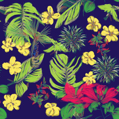 Miami 80s floral seamless pattern with banana palm leaves on a blue background