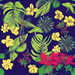 Zelfklevend Fotobehang Miami 80s floral seamless pattern with banana palm leaves on a blue background © Svetlana
