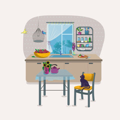 The interior of a cozy kitchen and pets. Layout, postcard, design.