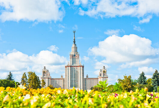 The main building of Lomonosov Moscow State University. Sunny summer morning. Moscow. Russia