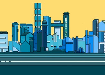 Cute drawing style cartoon city in the night purple illustration night day 