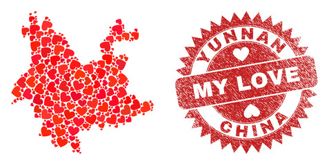 Vector mosaic Yunnan Province map of valentine heart elements and grunge My Love badge. Mosaic geographic Yunnan Province map designed with lovely hearts.