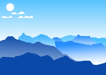 this is an illustration of several mountains that have a blue color