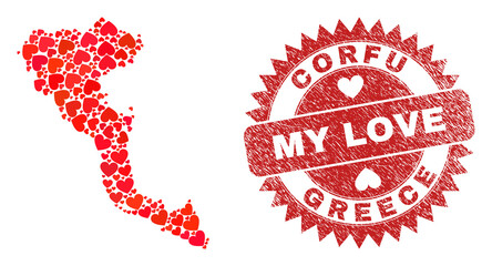 Vector mosaic Corfu Island map of valentine heart elements and grunge My Love seal stamp. Collage geographic Corfu Island map constructed using love hearts.