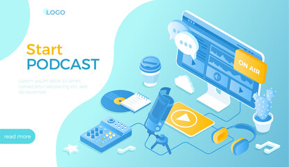 Online podcast, Blog or Radio Show. Record an audio podcast. Podcasting equipment and APP - studio microphone on a stand, headphones, mixer. Isometric vector illustration for website.