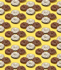 Seamless isometric 3d render pattern. Chocolate assorted donuts.Minimal design. Donuts lover, Restaurant, bakery candy shop, food delivery concept