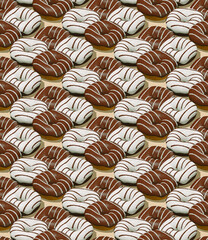 Seamless isometric 3d render pattern.  Black and White Chocolate donuts. Minimal design. Donuts lover, Restaurant, bakery candy shop, food delivery concept