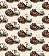 Seamless isometric 3d render pattern.  Black and White Chocolate donuts. Minimal design. Donuts lover, Restaurant, bakery candy shop, food delivery concept
