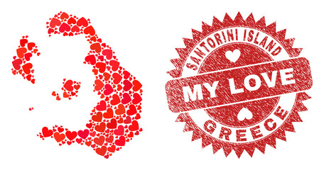 Vector mosaic Santorini Island map of lovely heart items and grunge My Love badge. Mosaic geographic Santorini Island map designed with lovely hearts.