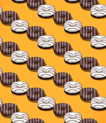 Seamless isometric 3d render pattern.  Black and White Chocolate donuts. Minimal design. Donuts lover, Restaurant, bakery candy shop, food delivery concept
