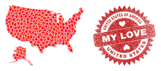Vector mosaic USA with Alaska map of love heart elements and grunge My Love seal stamp. Mosaic geographic USA with Alaska map created with love hearts.