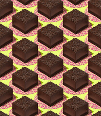 Seamless isometric 3d render pattern.  Chocolate cake. Minimal design. Cacao lover, Restaurant, bakery, candy sweet shop, food delivery concept
