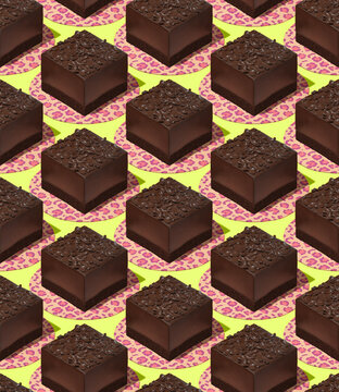 Seamless isometric 3d render pattern.  Chocolate cake. Minimal design. Cacao lover, Restaurant, bakery, candy sweet shop, food delivery concept