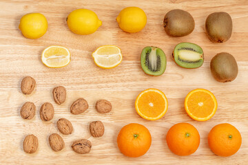 Top view of assorted fruit and nuts
