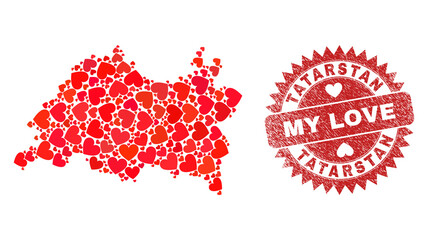 Vector collage Tatarstan map of lovely heart elements and grunge My Love badge. Collage geographic Tatarstan map constructed with valentine hearts.