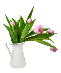 Pink tulip flowers in a white jar isolated on white