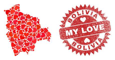 Vector mosaic Bolivia map of love heart elements and grunge My Love seal stamp. Mosaic geographic Bolivia map created with love hearts. Red rosette seal with unclean rubber texture and my love text.