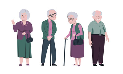 Set a group of old people in a standing pose. Two women and two men. Vector illustration.