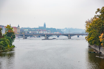 Beautiful shot of River Vltava with Charles bridge in the distance, Prague, Czech Republic