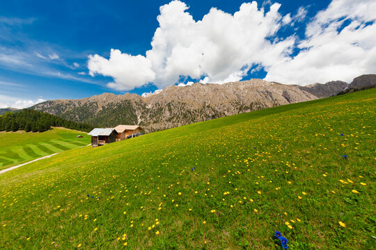 Malga Caseril in spring, Puez Odle, Dolomites,  Funes, Italy