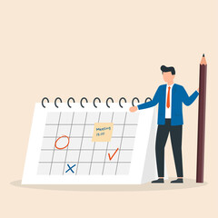 Manager planning event, marking date on calendar page. Work schedule calendar. Vector illustration.