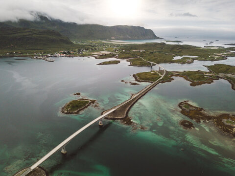 Scenic view of Bridges of Lofoten Islands in a Cloudy Day