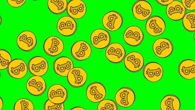 Many bitcoin coins falling down. Hand drawn coins of digital currency on green screen background. Screensaver animation in 4K.
