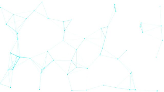 Abstract three-dimensional light blue connected dots moving randomly on white background. Modern technology screensaver animation in 4K.