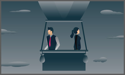 Obraz premium vector illustration of business man and woman riding a hot air balloon flying in the sky