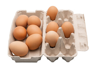 Eggs in egg carton top side view isolated