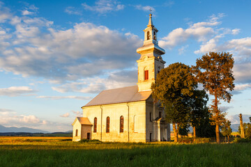 Rural landscape with a church in Turiec region, central Slovakia.
