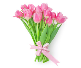 Pink tulips isolated on white background. Spring tulip  flowers bouquet with a bow