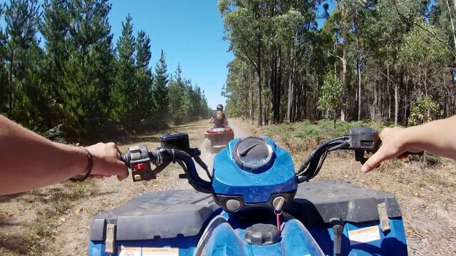 Off-road forest exploration by driving a 4x4 quad, pov view. Wildlife travel concept