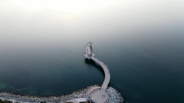 Aerial view of the Pier in Burlington, Ontario, Canada.  Calm lake water. Copy space