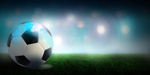 Obraz premium WM - Weltmeisterschaft america fußball fussball 20256 Ball liegt auf dem Elfmeter Punkt im Stadion Rasen. Fussballstadion Spielfeld mit strahlenden Flutlichtern. Women's Nations League .