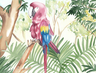 Watercolor parrot illustration Hand illustrated jungle bird Great for greeting cards, invitations Trendy illustration Watercolor animal clipart Green tropical leaves and bird