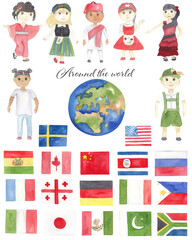 Watercolor clip art isolated on white.  Around the world. Flags, national costume, nationalities. Kids of different countries