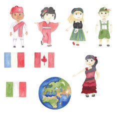 Watercolor clip art isolated on white.  Around the world. Flags, national costume, nationalities. Kids of different countries