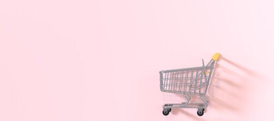Shopping cart on a pastel pink background. Sale buy shopping mall market store. Shopping Trolley. Minimalist concept, isolated cart. 3d render