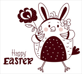 Happy easter. Easter chick girl with bunny ears and a bow on her head and with a flower. Vector. Line, outline. For design, decor, print, decor, holiday Greeting cards, banners